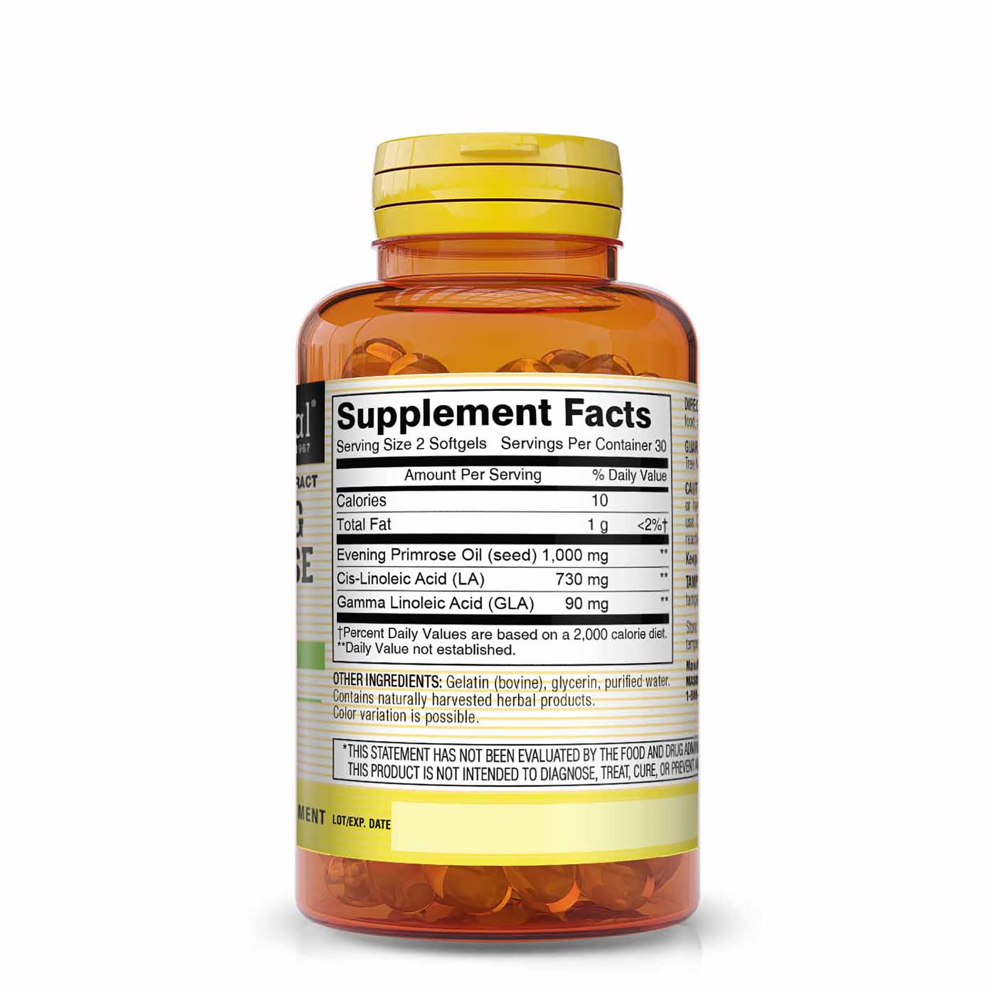 Mason Natural Evening Primrose Oil 60 softgels supplement facts label detailing GLA and LA content.