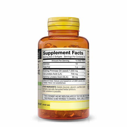 Mason Natural Evening Primrose Oil 60 softgels supplement facts label detailing GLA and LA content.