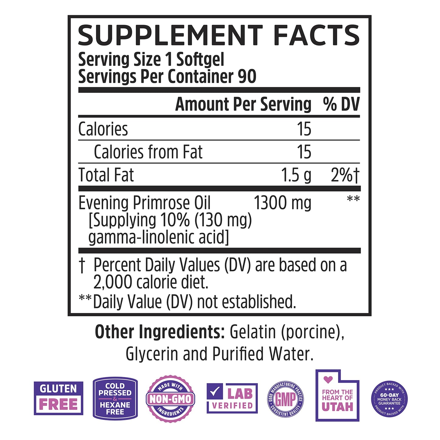 Zhou Nutrition cold pressed evening primrose oil supplement label showing ten percent GLA facts