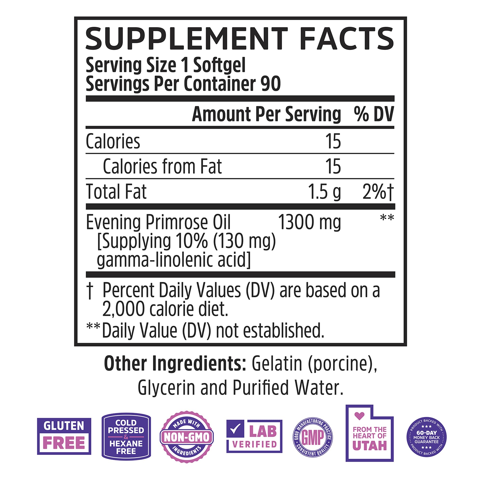 Zhou Nutrition cold pressed evening primrose oil supplement label showing ten percent GLA facts