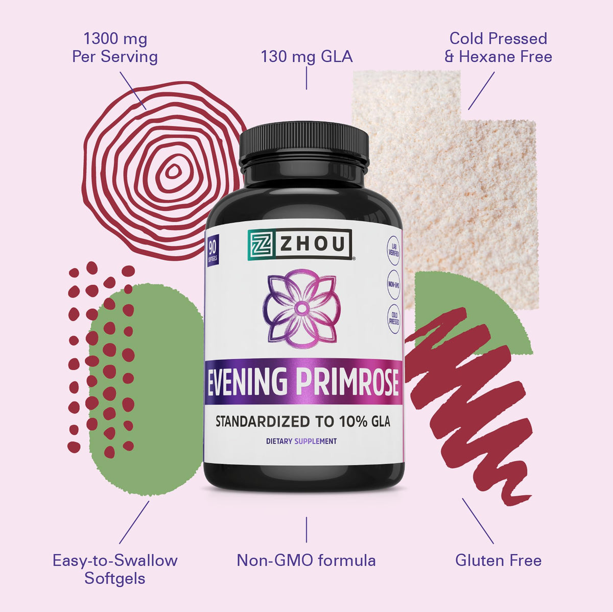 Hexane free Zhou Nutrition evening primrose oil capsules dietary supplement for PMS and menopause support