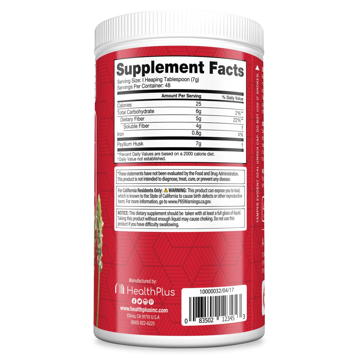 Health Plus Colon Cleanse 12 Ounce container nutrition label