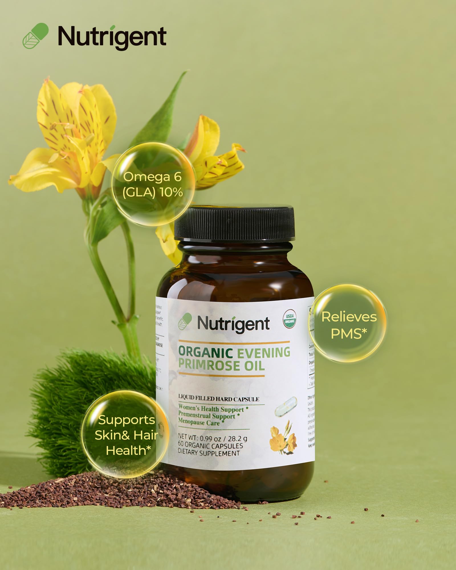 Nutrigent 940mg cold pressed evening primrose oil supplement facts label showing 10 percent GLA