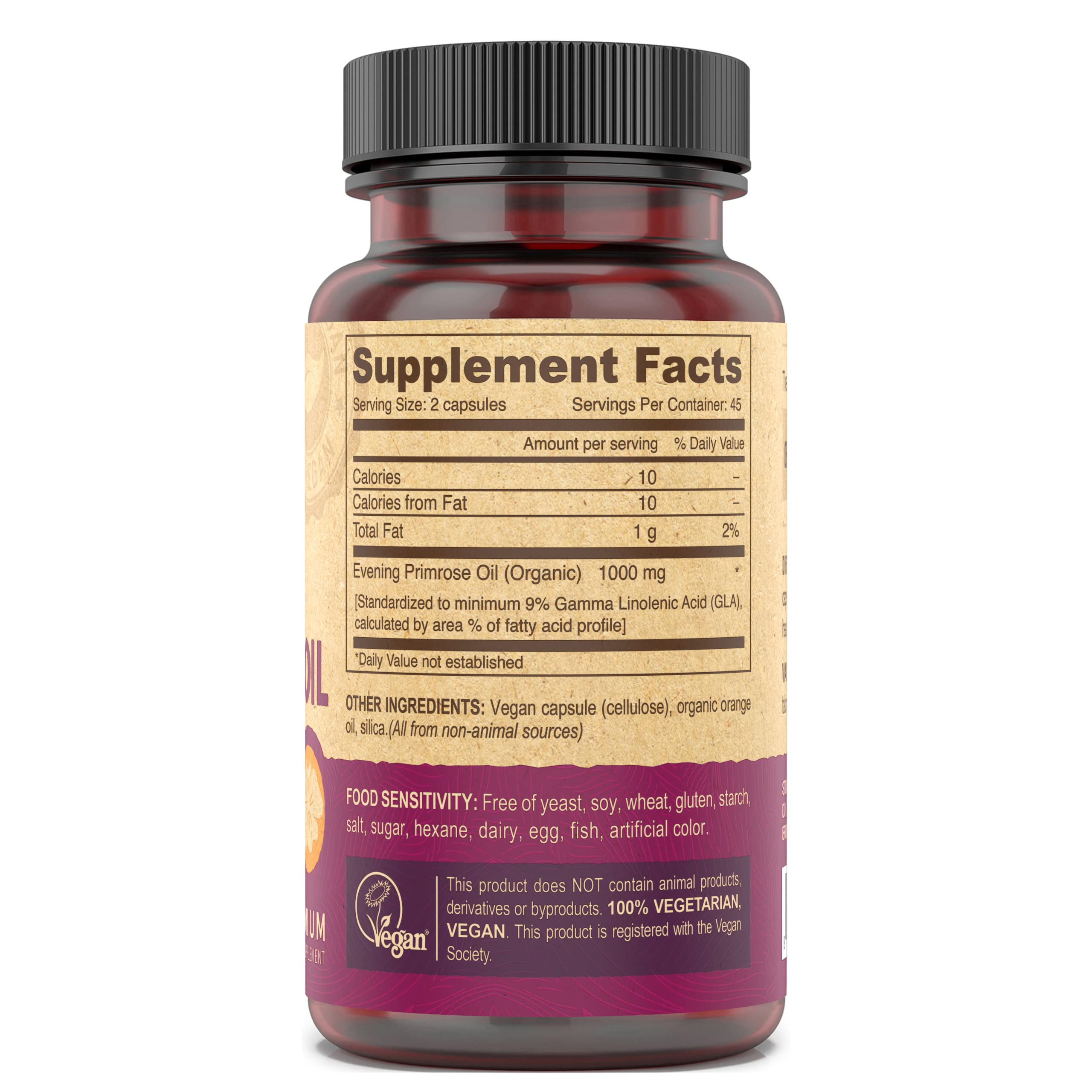 DEVA cold pressed unrefined evening primrose oil supplement facts label showing omega six content