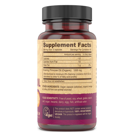 DEVA cold pressed unrefined evening primrose oil supplement facts label showing omega six content