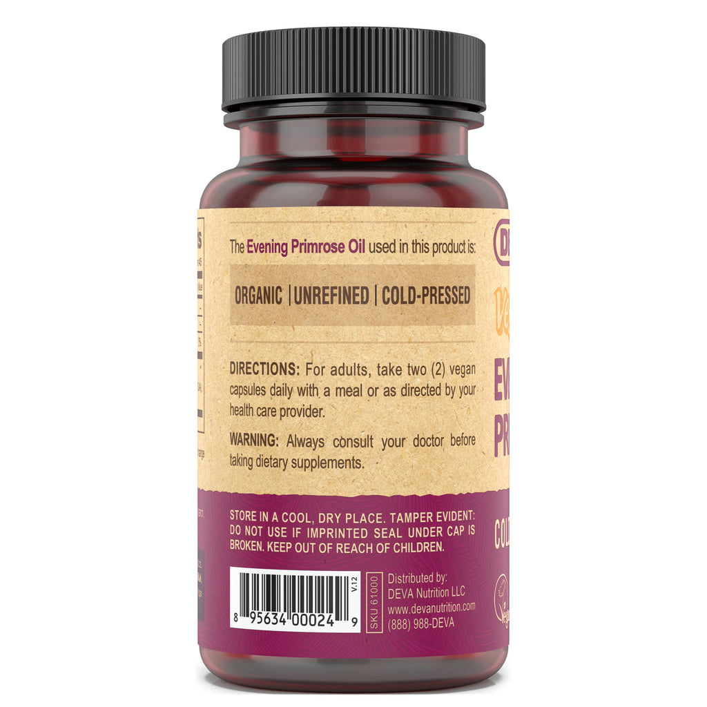 Authentic DEVA evening primrose oil unrefined formula showcasing the certified vegan society logo