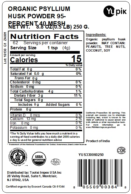 Yupik Organic Psyllium Husk Powder packaging showing USDA Organic seal