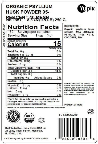 Yupik Organic Psyllium Husk Powder packaging showing USDA Organic seal