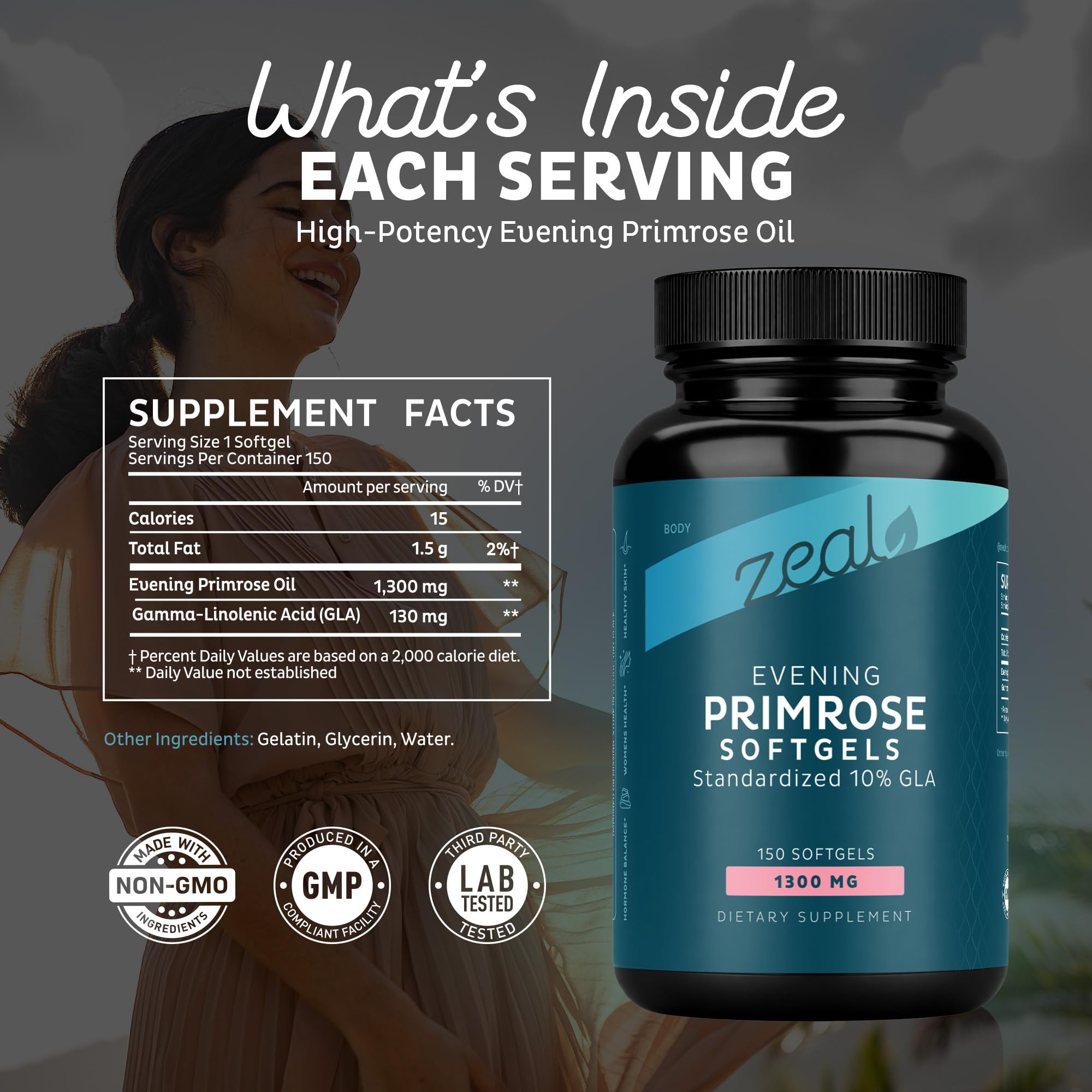 Zeal Naturals Evening Primrose Oil supplement bottle highlighting 10 percent GLA for hormone balance