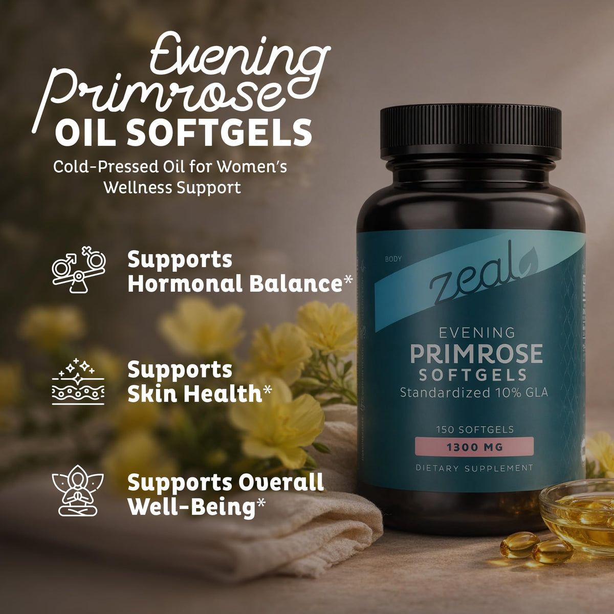 Side profile of Zeal Naturals cold pressed evening primrose oil capsule container with ingredient facts