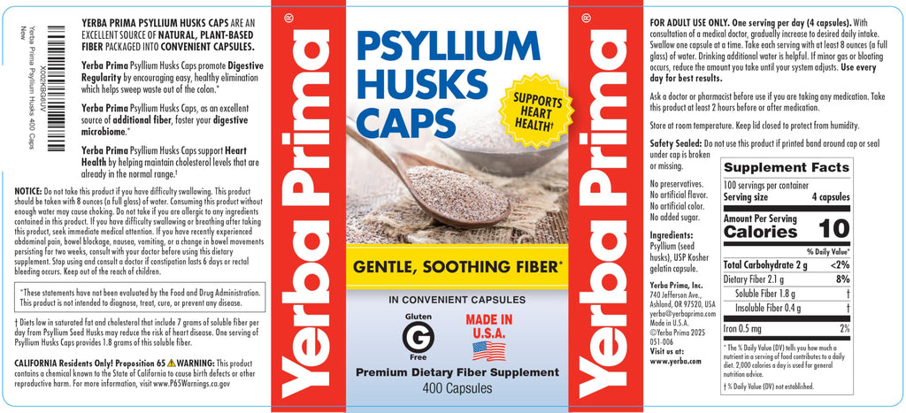 Supplement facts label on Yerba Prima Psyllium Husks bottle