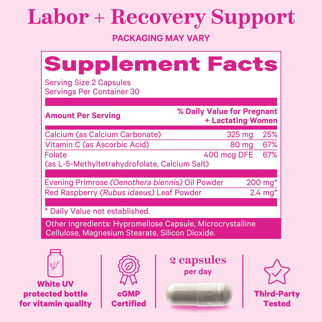 Two vegetarian capsules of Pink Stork pregnancy supplement displayed next to the bottle