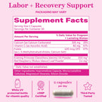 Two vegetarian capsules of Pink Stork pregnancy supplement displayed next to the bottle