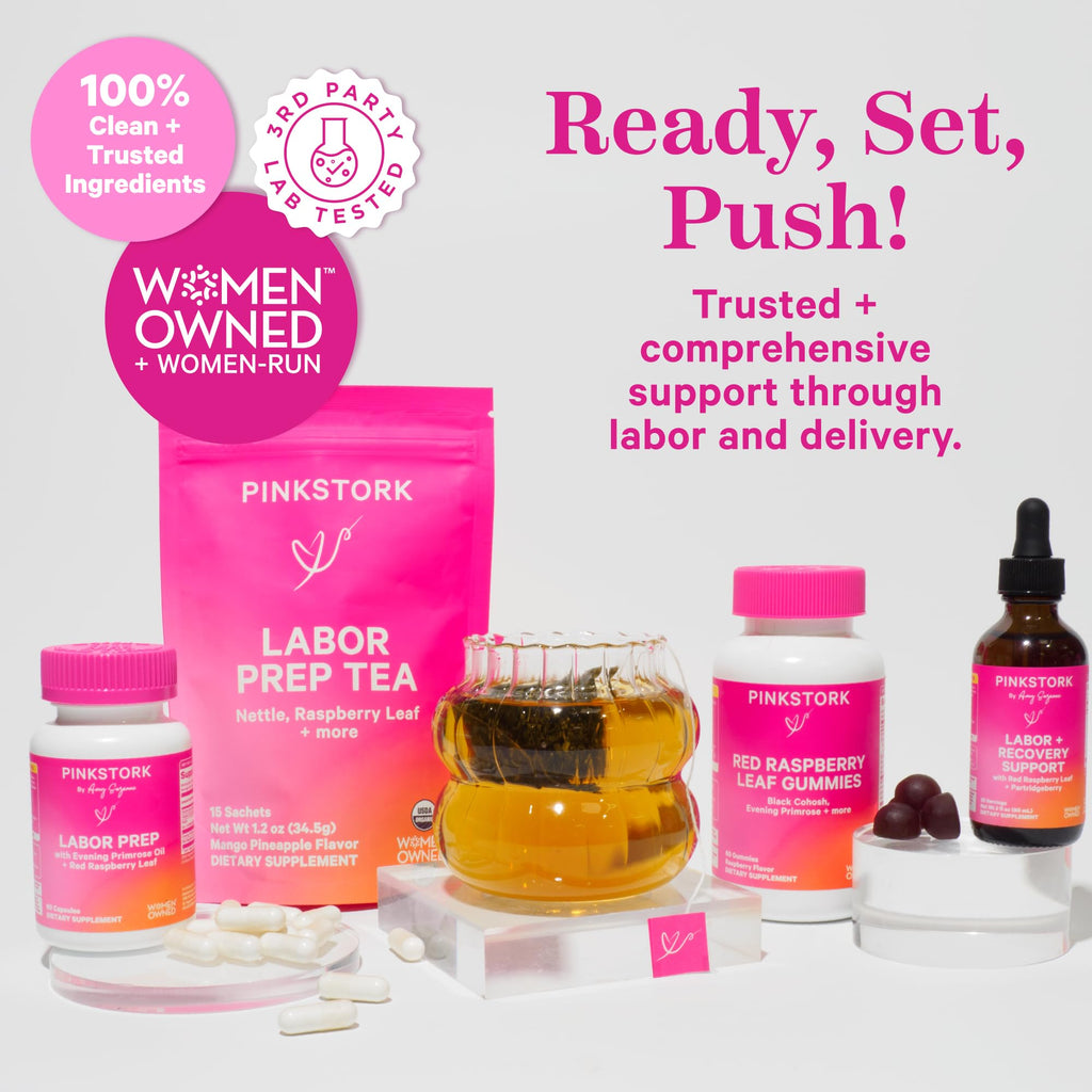 Pink Stork Labor Prep packaging showing non GMO and gluten free verification seals