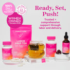 Pink Stork Labor Prep packaging showing non GMO and gluten free verification seals