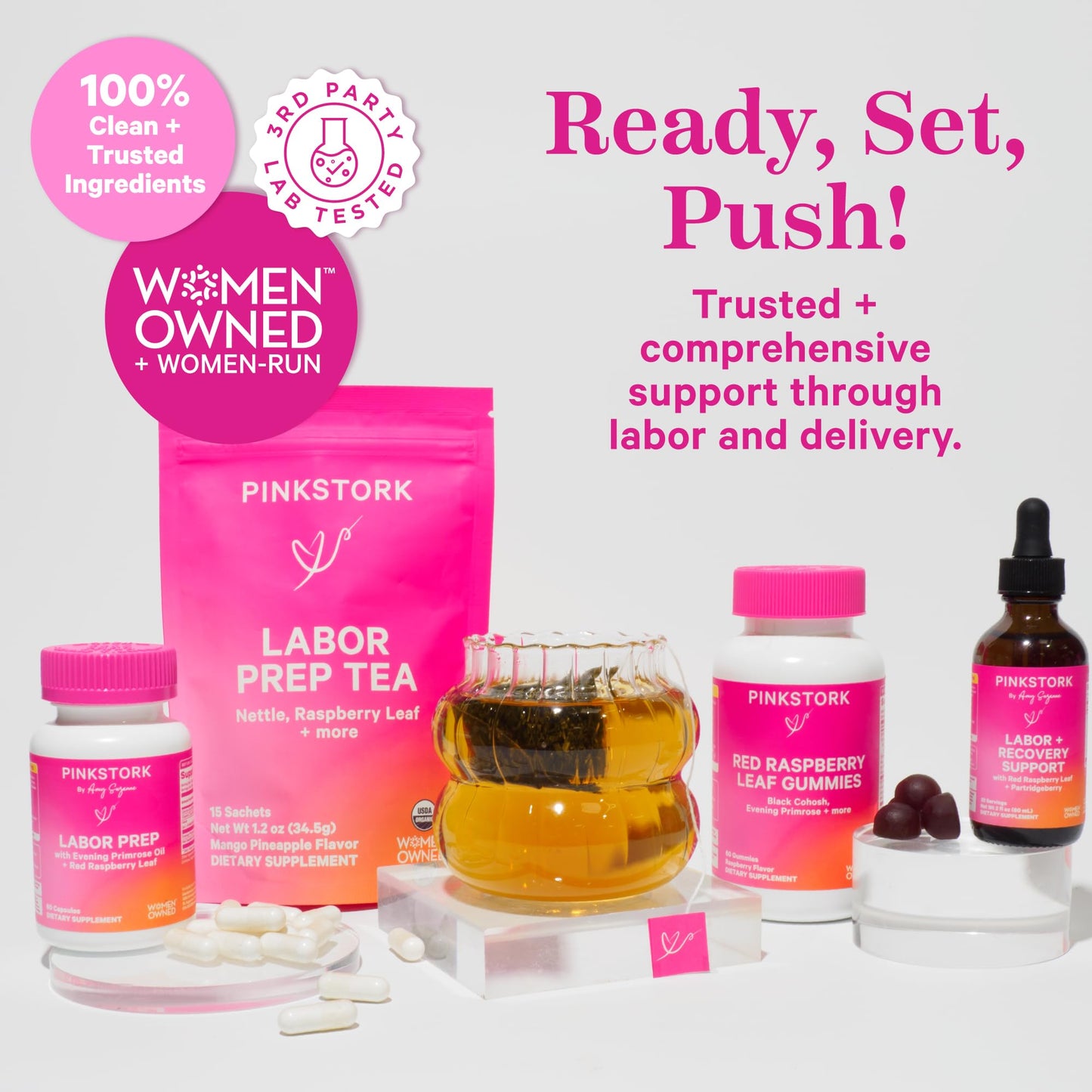 Pink Stork Labor Prep packaging showing non GMO and gluten free verification seals