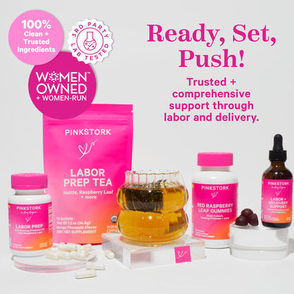 Pink Stork Labor Prep packaging showing non GMO and gluten free verification seals
