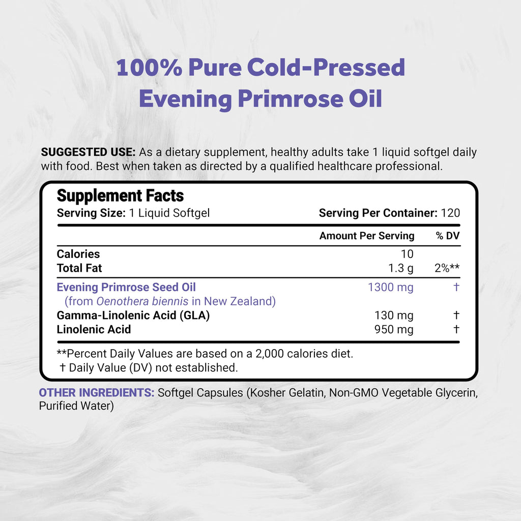 Naturalis Evening Primrose Oil New Zealand grown premium supplement bottle label detailing ten percent gamma-linolenic acid content.