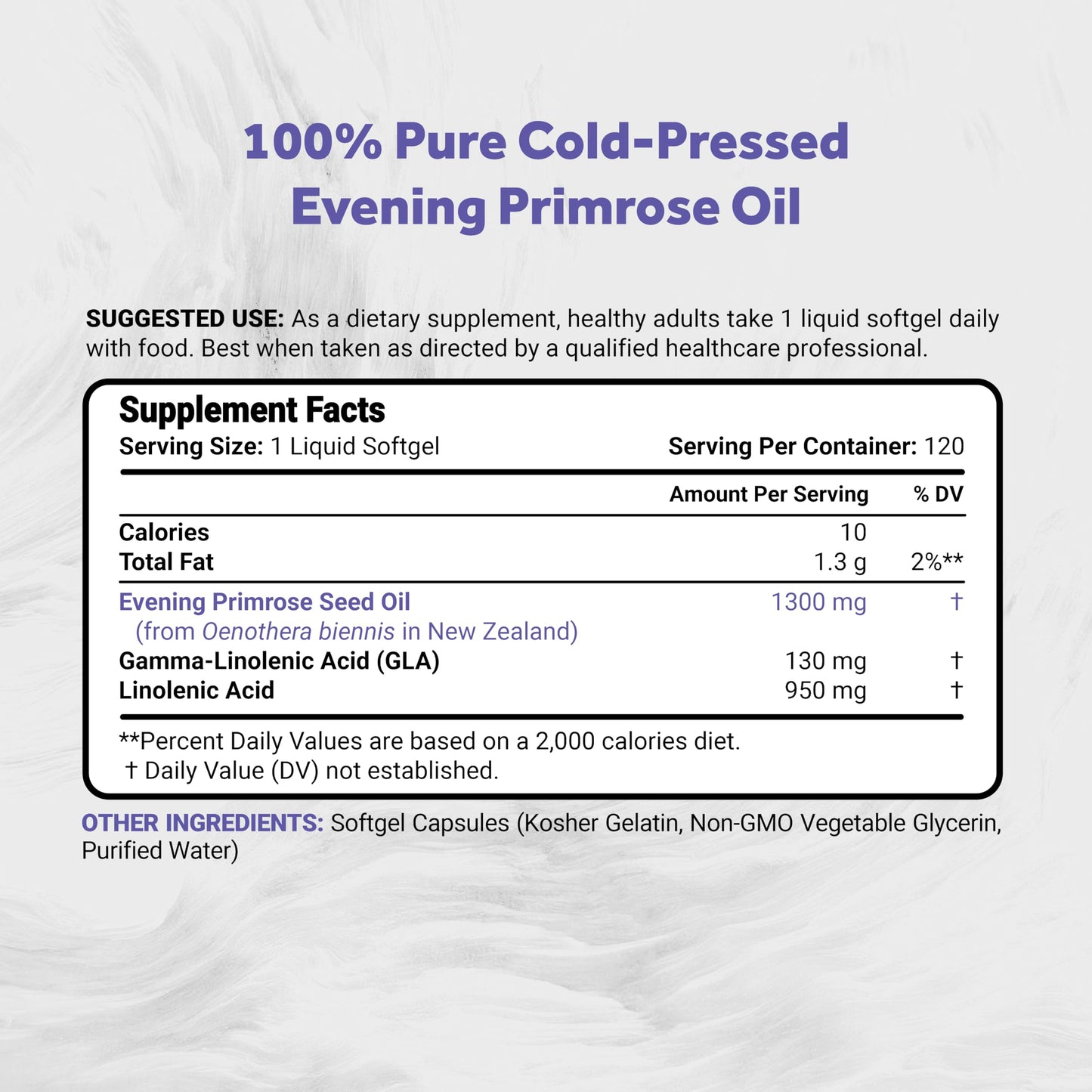 Naturalis Evening Primrose Oil New Zealand grown premium supplement bottle label detailing ten percent gamma-linolenic acid content.
