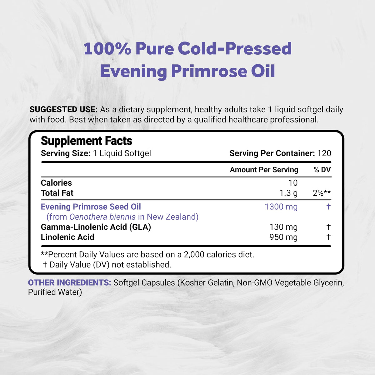 Naturalis Evening Primrose Oil New Zealand grown premium supplement bottle label detailing ten percent gamma-linolenic acid content.