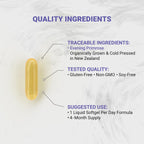 Side profile of Naturalis cold pressed evening primrose oil dietary supplement containing 120 gluten free liquid softgels.