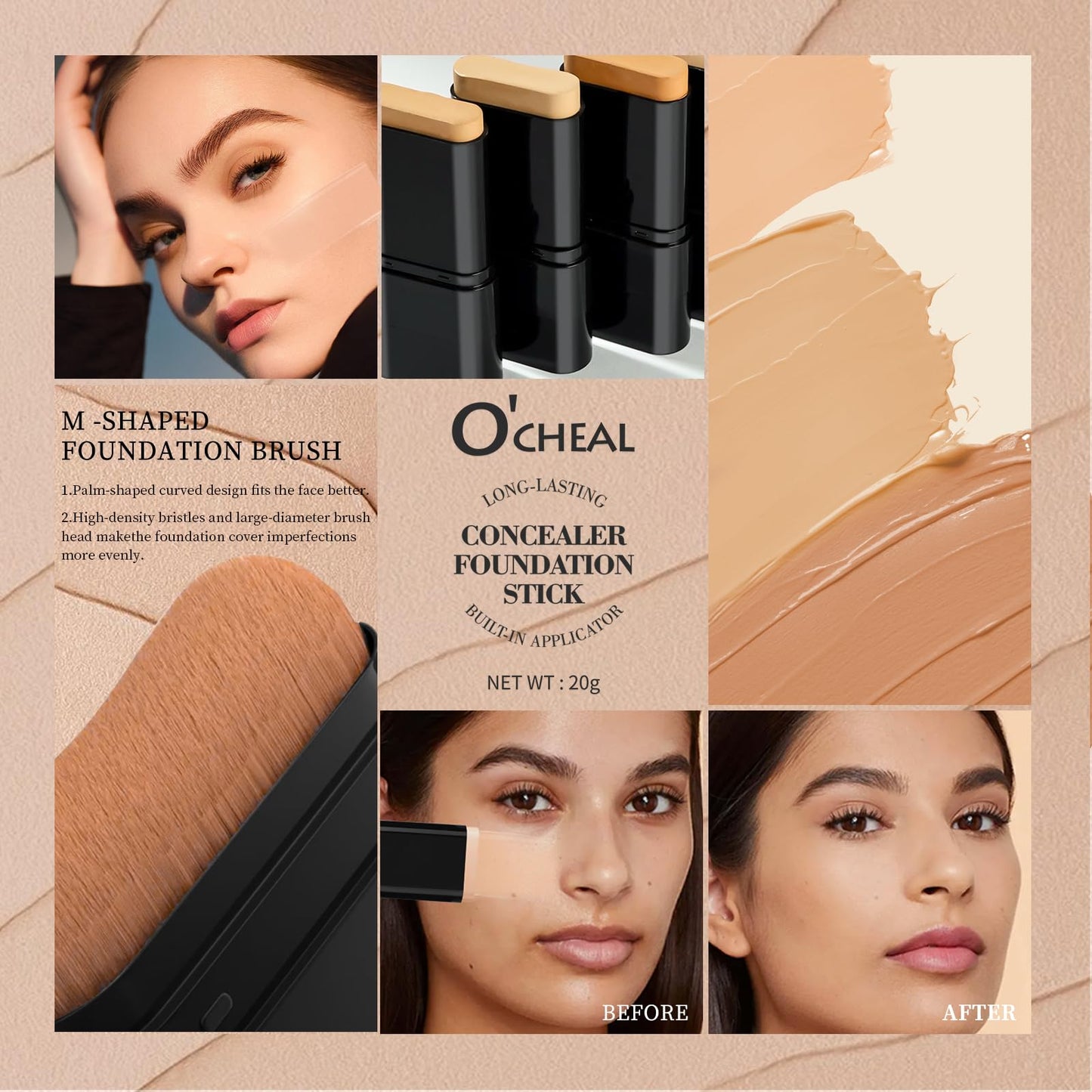 O'CHEAL dual ended concealer stick with built in blending brush exposed.