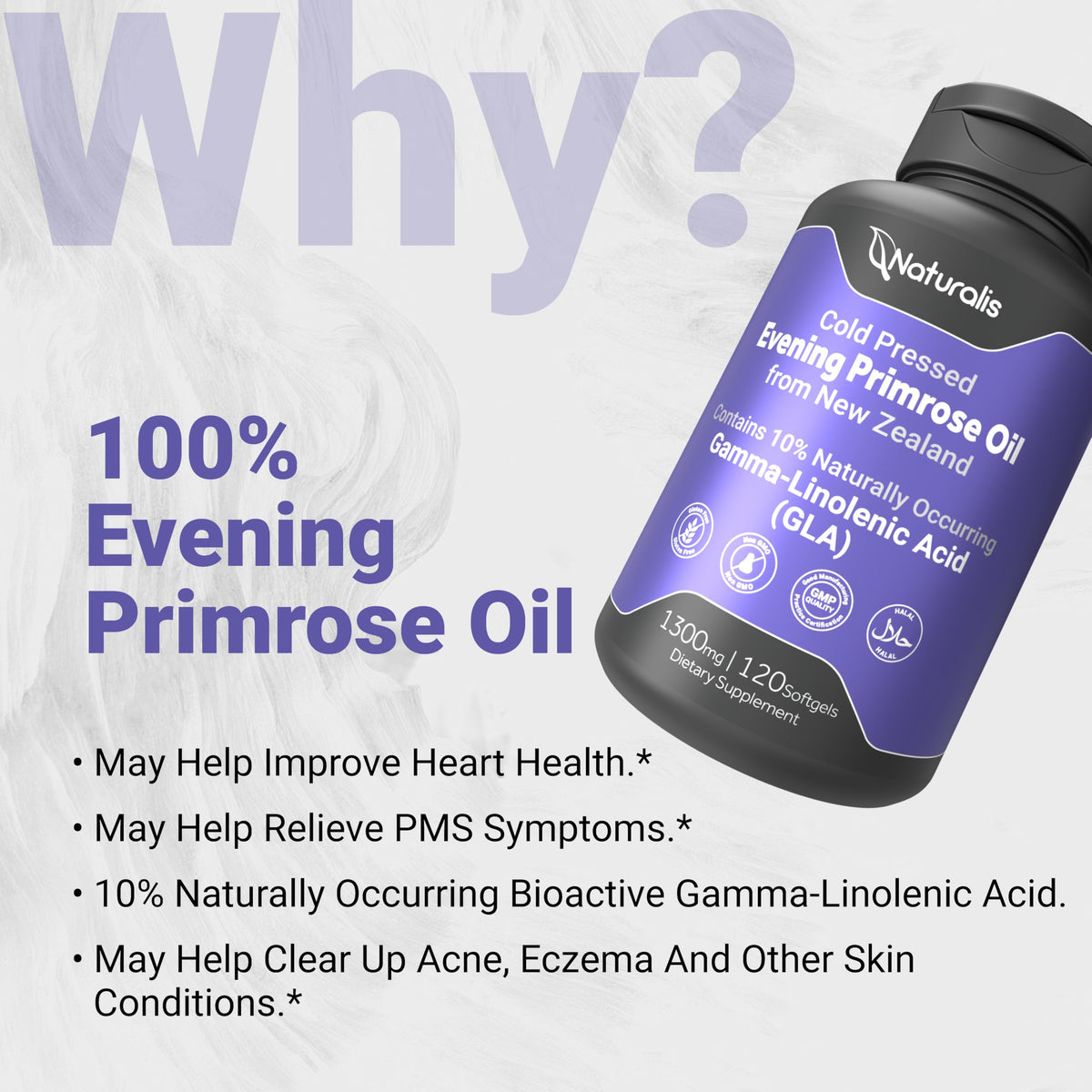 Naturalis evening primrose oil 1300 milligrams product packaging emphasizing the certified non-GMO and halal formulation.