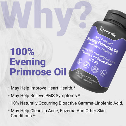 Naturalis evening primrose oil 1300 milligrams product packaging emphasizing the certified non-GMO and halal formulation.