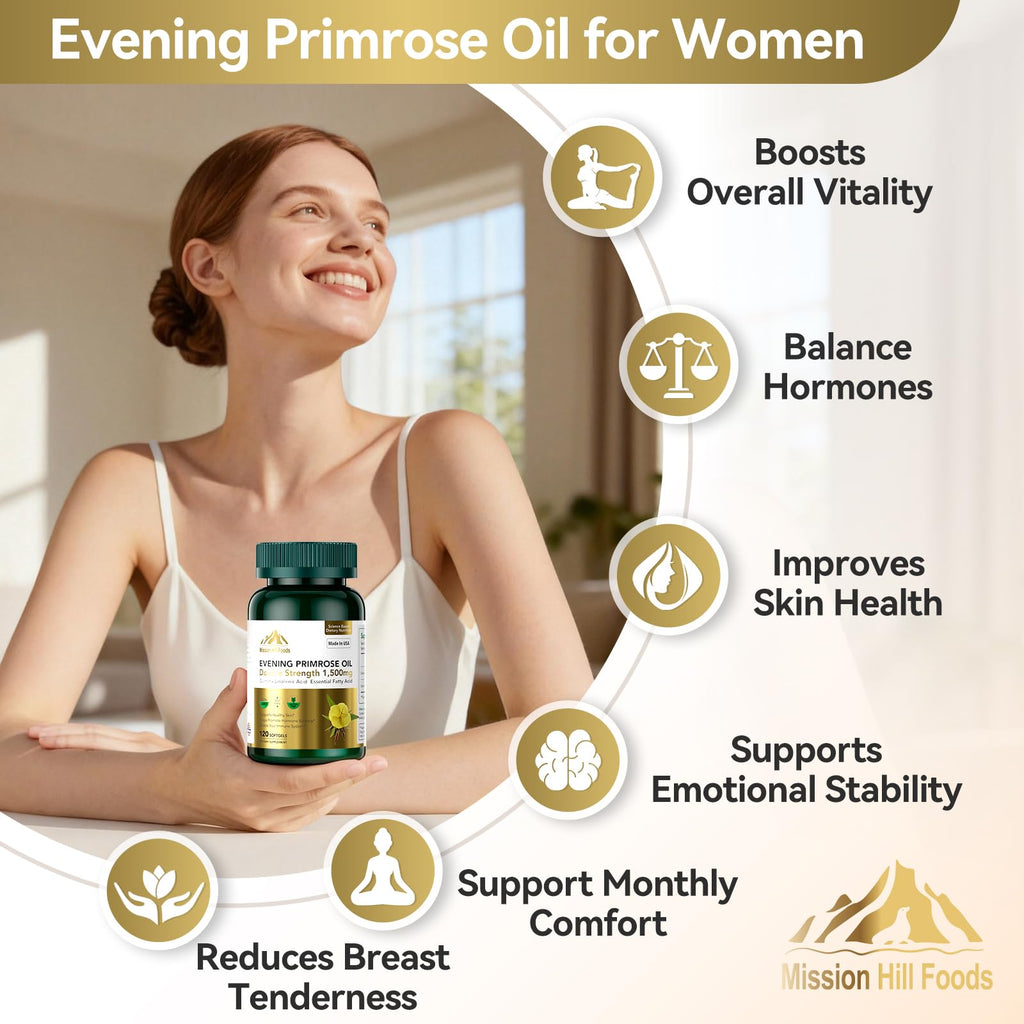 Sattva Mission Hill Evening Primrose Oil nutritional facts label showing 240mg high GLA content