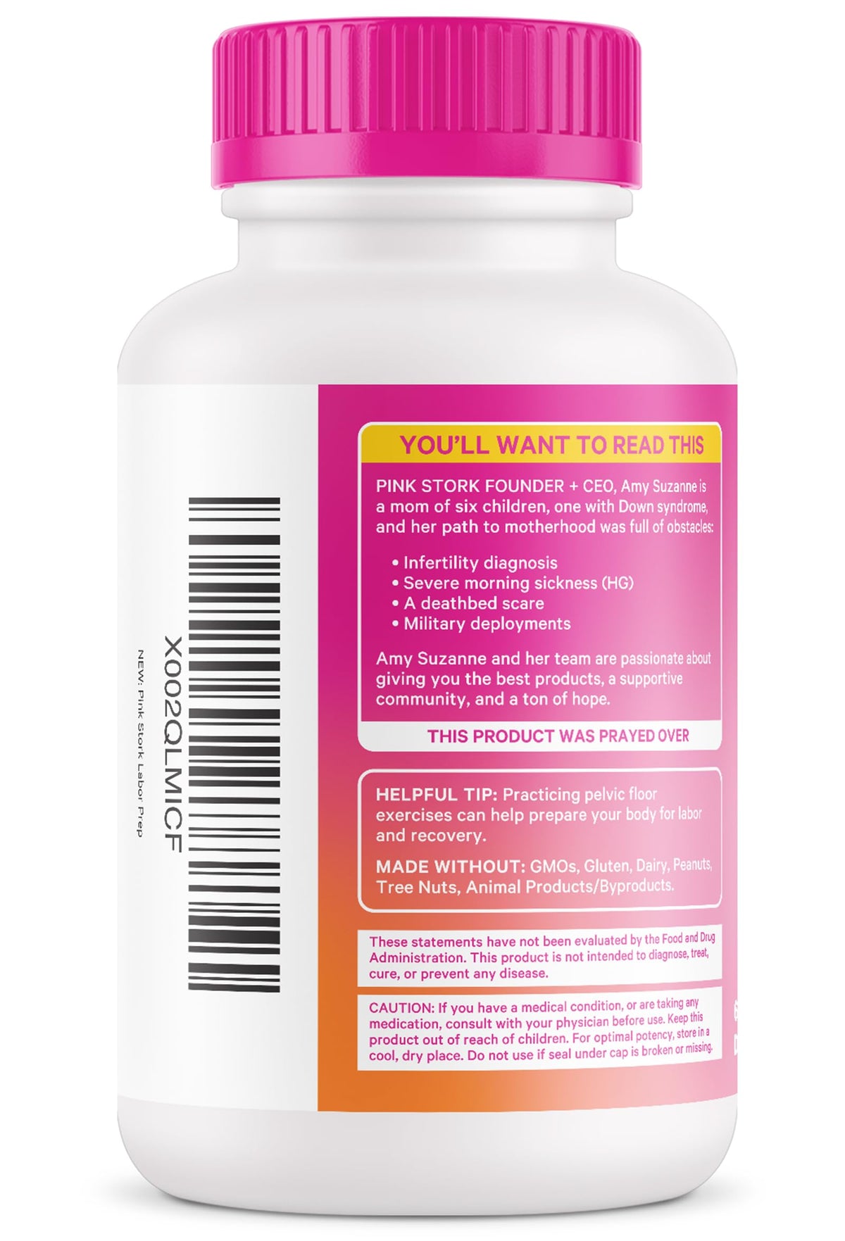 Instructional view of Pink Stork Labor Prep capsules showing the two capsule daily serving size
