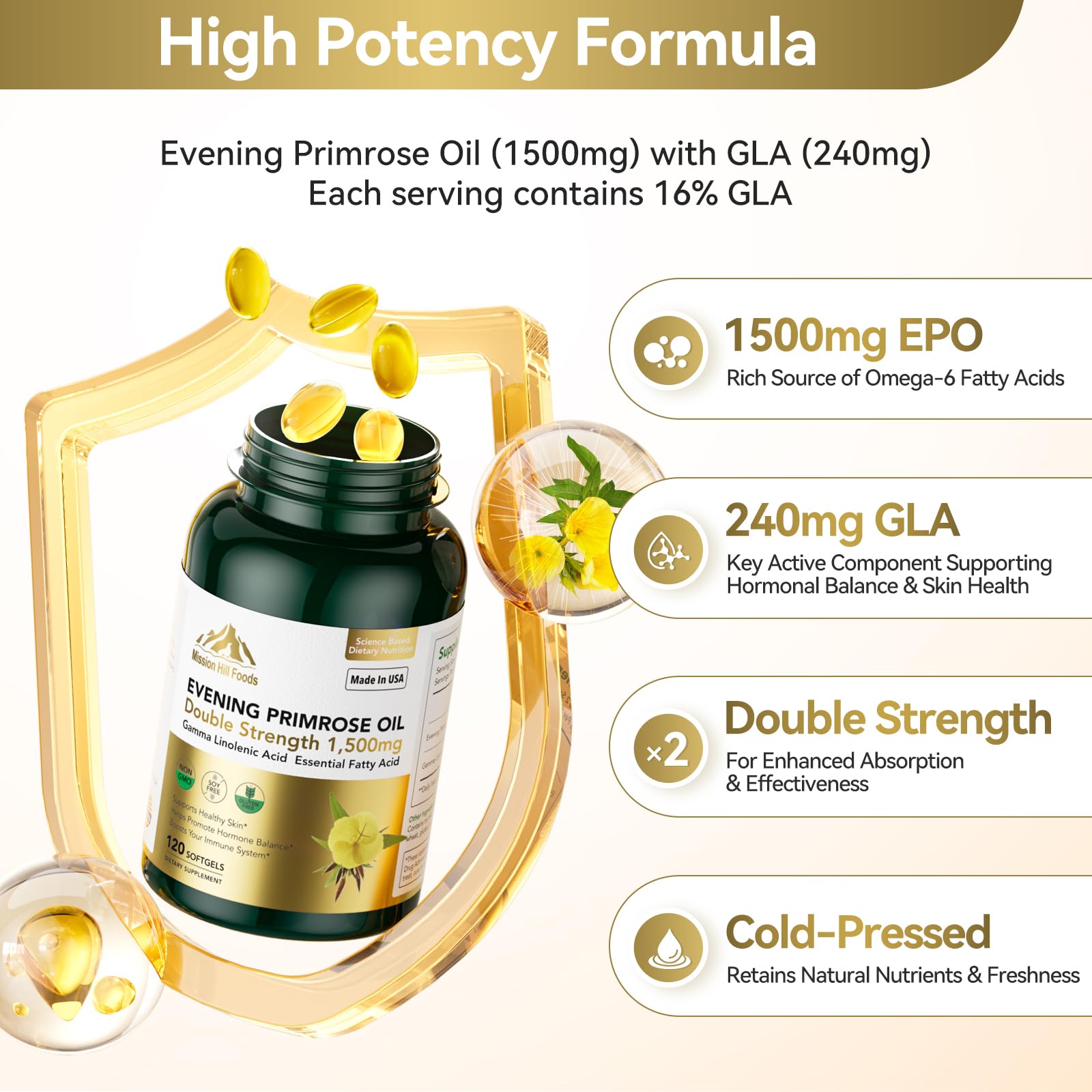 Cold pressed evening primrose oil double strength softgels by Mission Hill Foods for hormonal balance