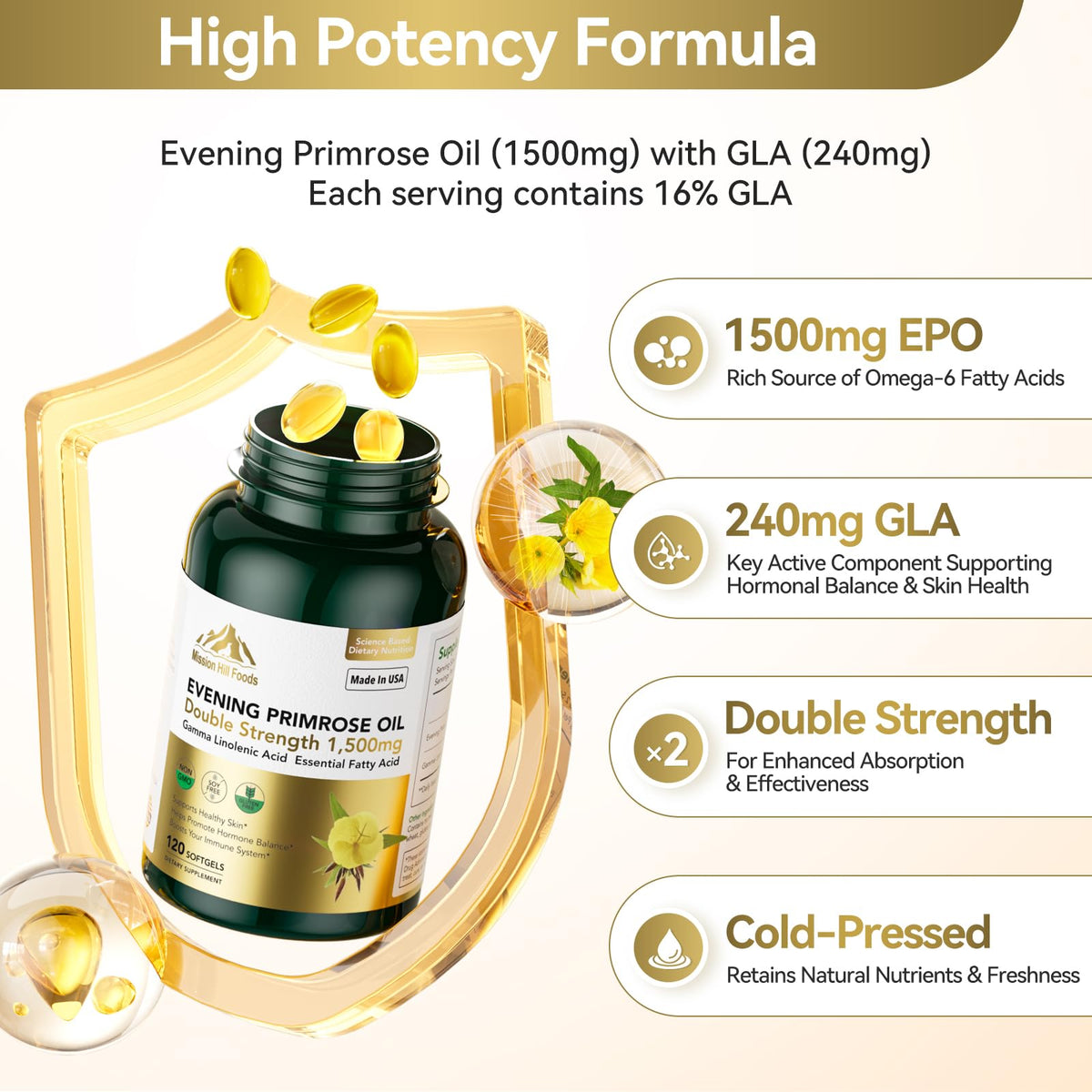 Cold pressed evening primrose oil double strength softgels by Mission Hill Foods for hormonal balance