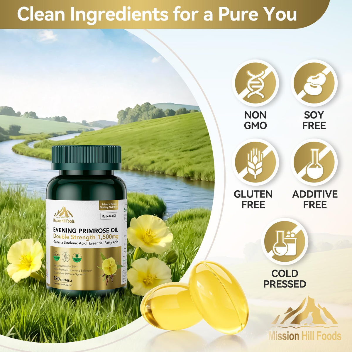 Non GMO and soy free certified evening primrose oil supplement imported to India