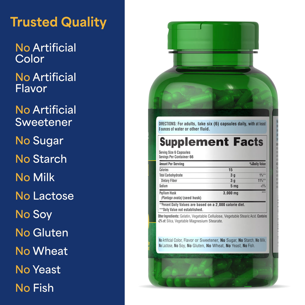 Side view of Puritan's Pride psyllium husks dietary supplement packaging