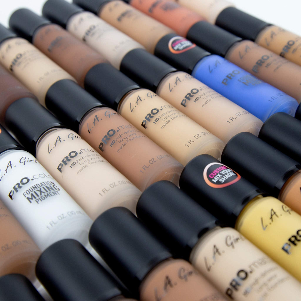 L.A. Girl pro color makeup items arranged in a travel kit