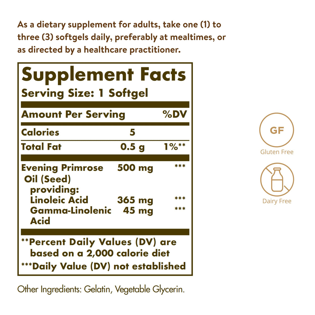 Solgar Evening Primrose Oil 180 softgels dietary supplement bottle showing dietary facts and cold-pressed claims