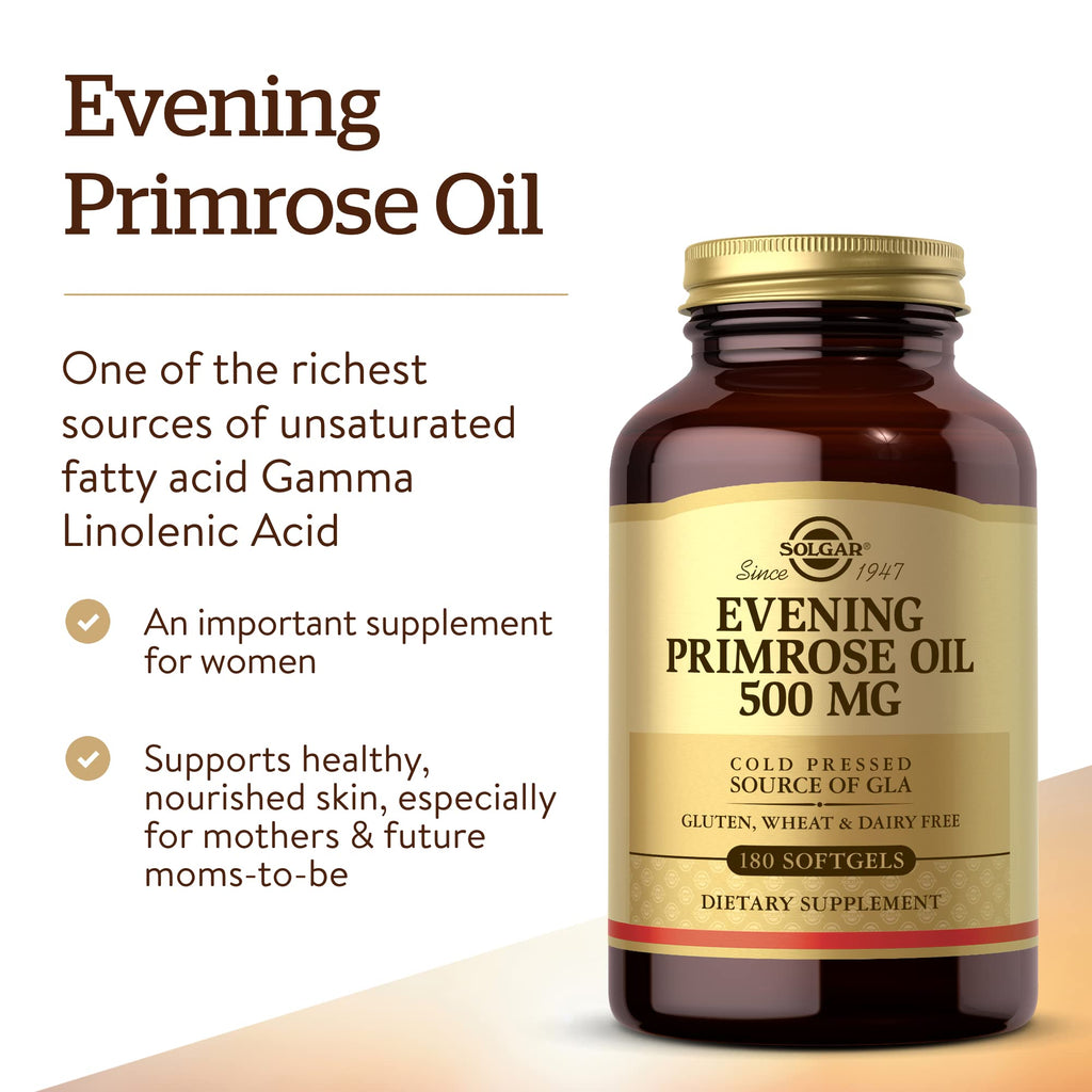 Solgar premium evening primrose oil capsules bottle displaying gluten-free and dairy-free labels