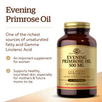 Solgar premium evening primrose oil capsules bottle displaying gluten-free and dairy-free labels