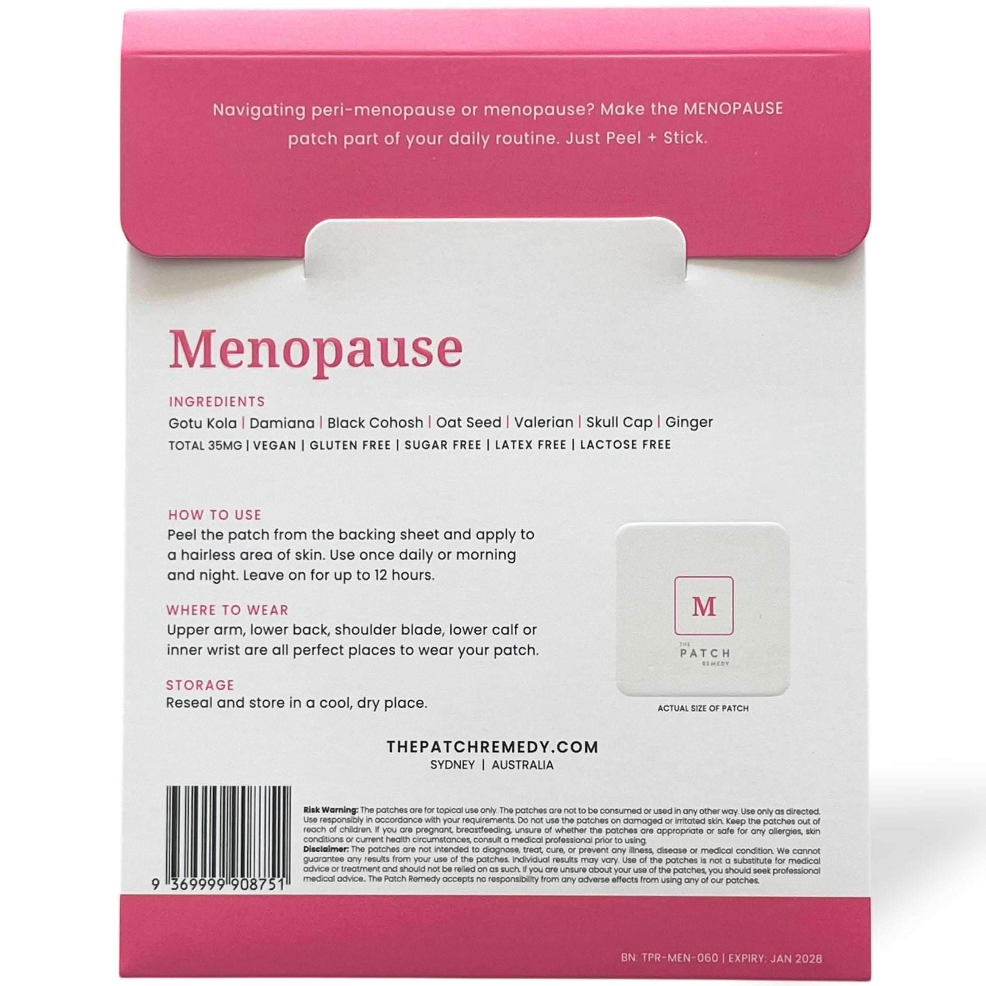 The Patch Remedy Menopause clear discreet topical patch applied on a woman's inner wrist