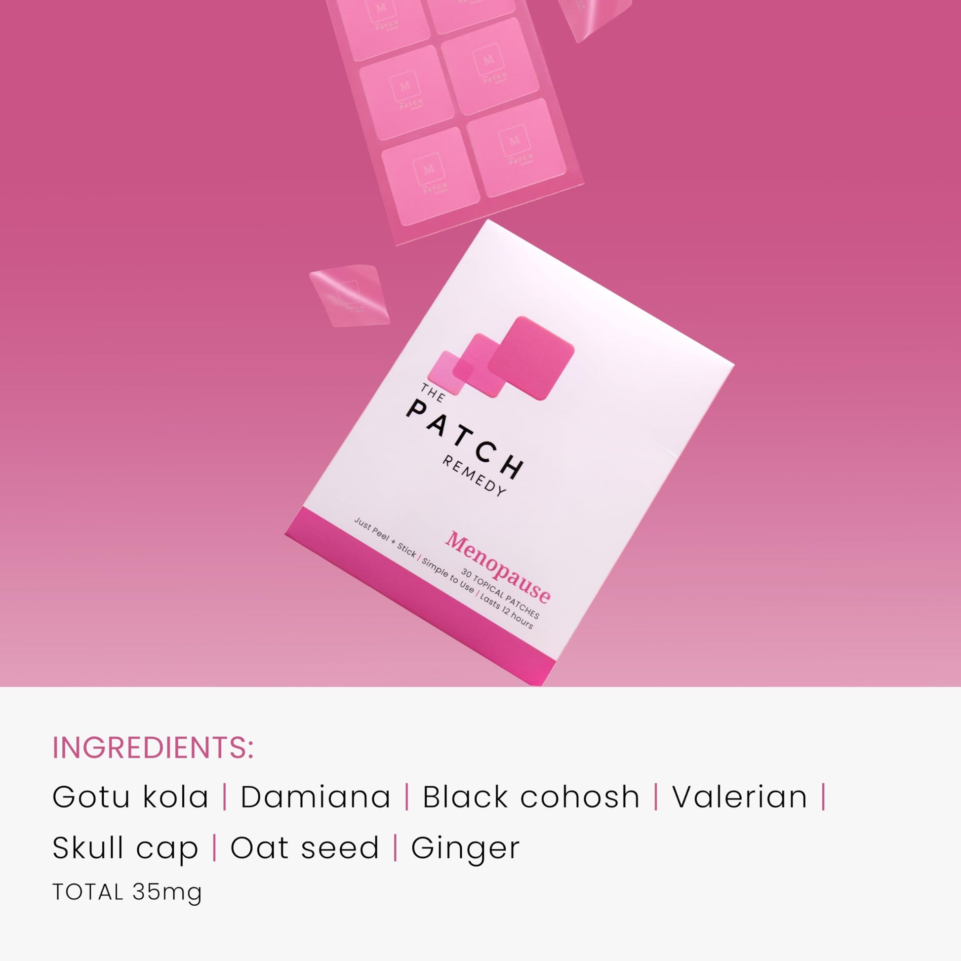 The Patch Remedy Menopause transdermal patches laid out next to natural botanical ingredients
