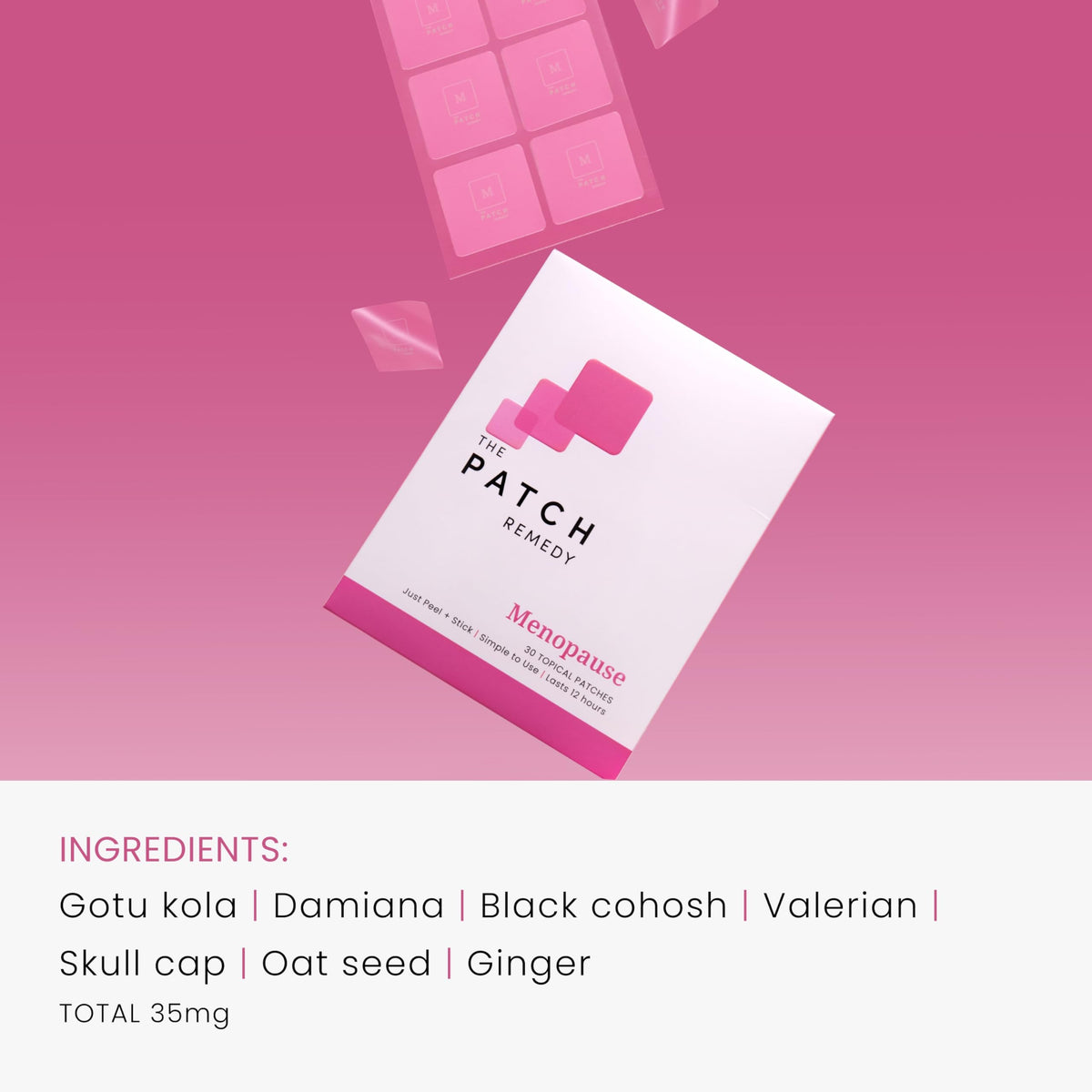 The Patch Remedy Menopause transdermal patches laid out next to natural botanical ingredients