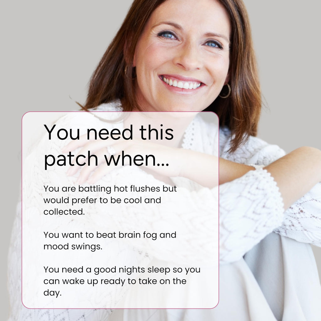 Close-up of a woman peeling a waterproof menopause patch from the backing sheet