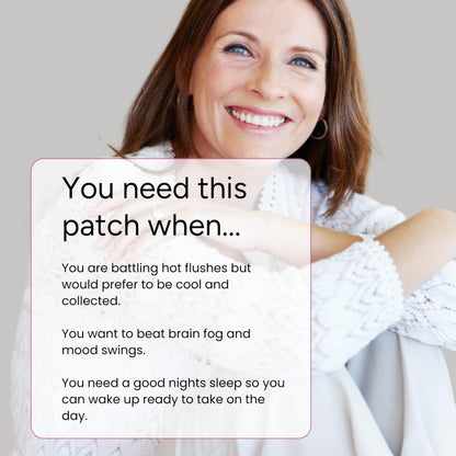 Close-up of a woman peeling a waterproof menopause patch from the backing sheet