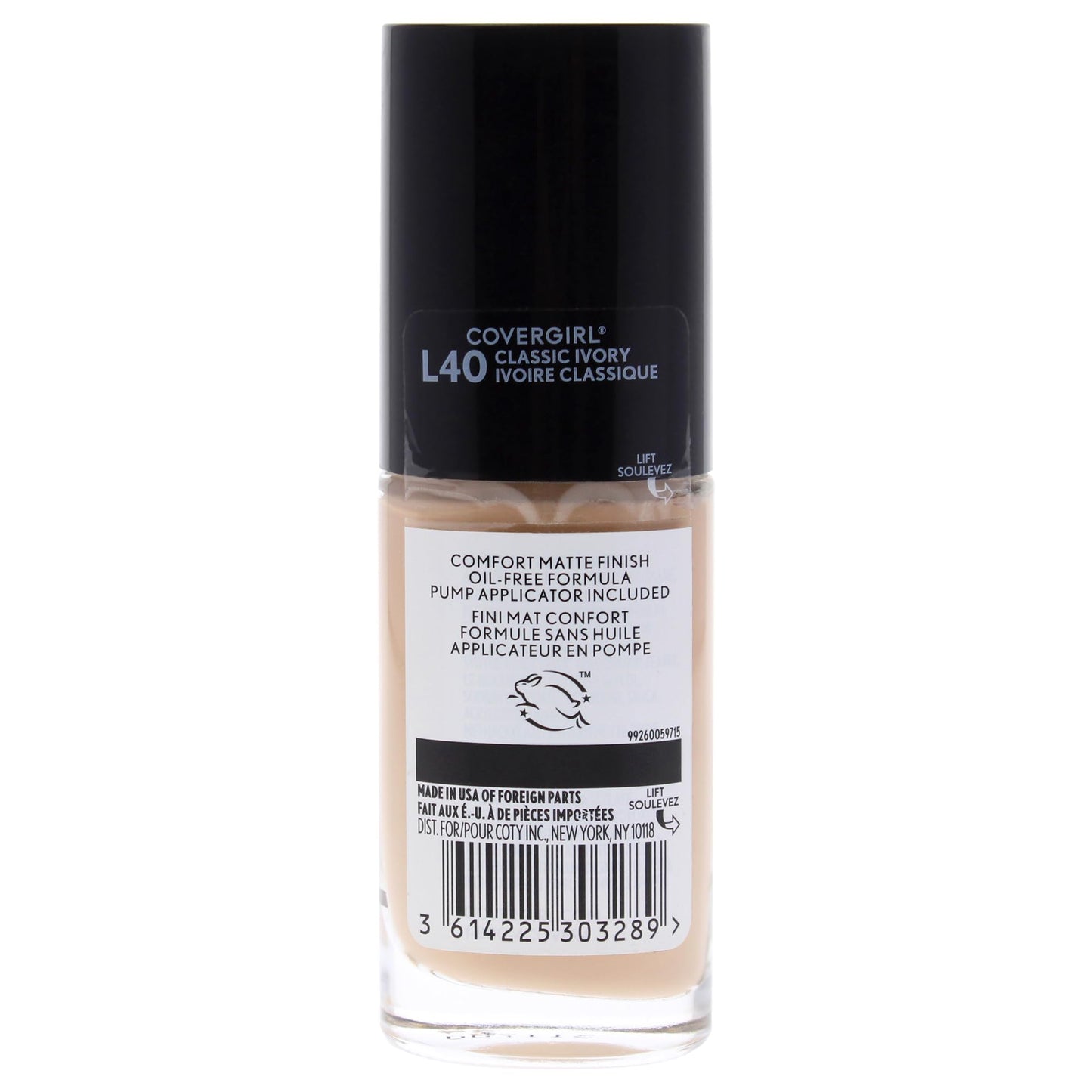 COVERGIRL long lasting matte finish foundation bottle showing shade L40 Classic Ivory