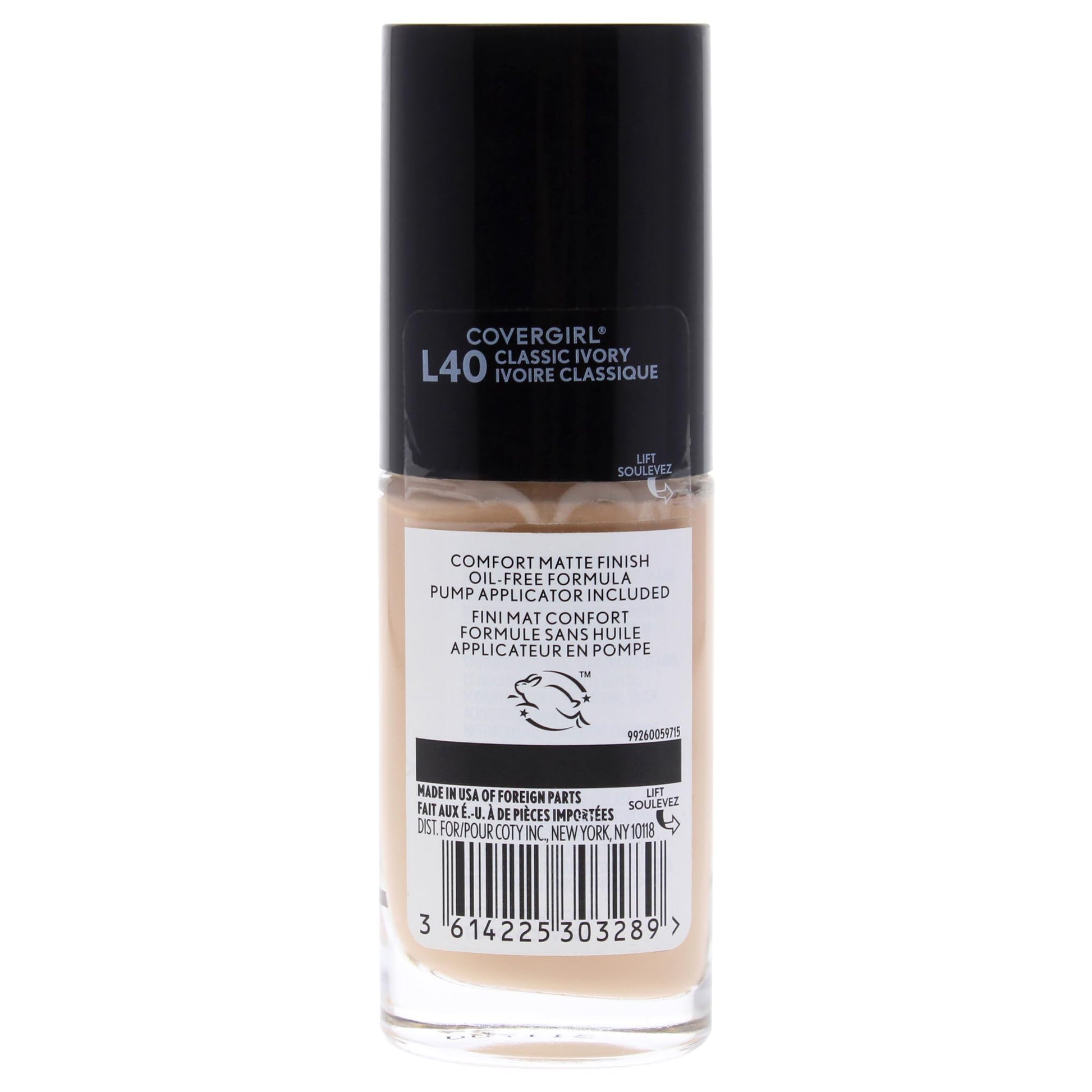 COVERGIRL long lasting matte finish foundation bottle showing shade L40 Classic Ivory