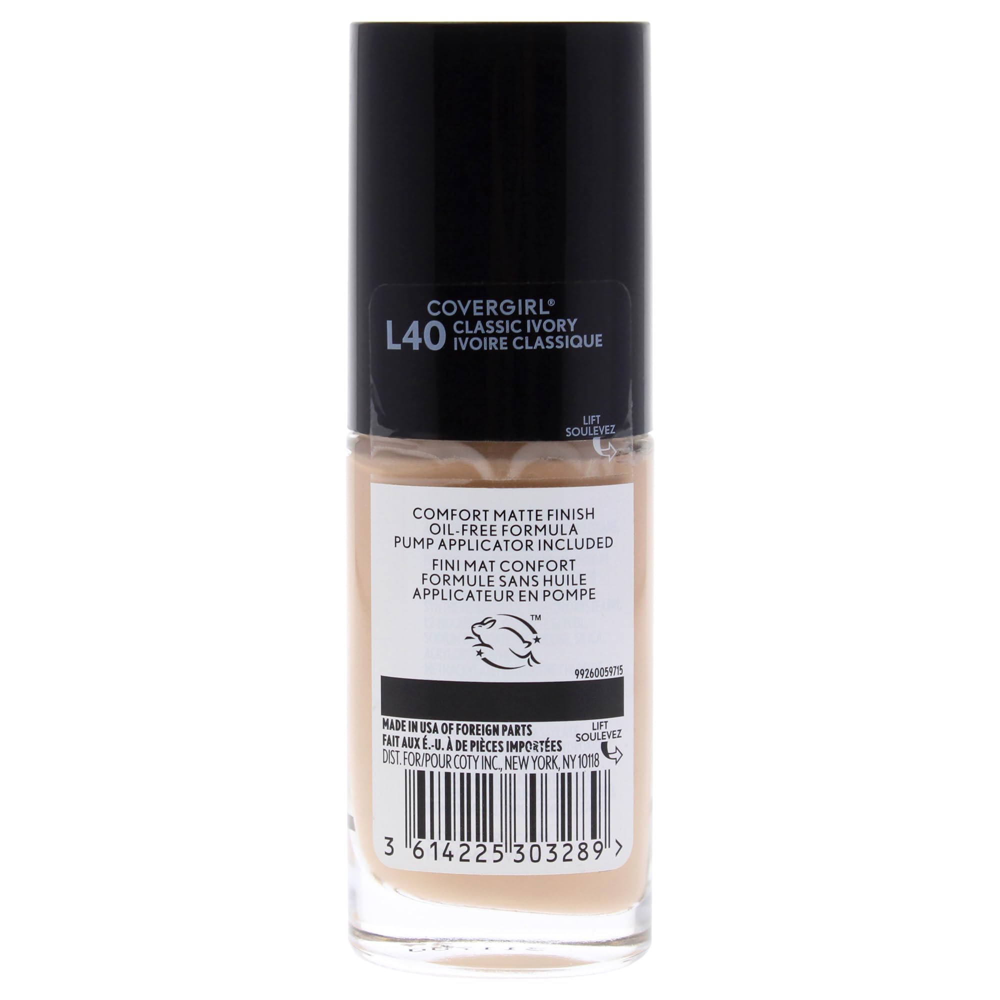 COVERGIRL long lasting matte finish foundation bottle showing shade L40 Classic Ivory