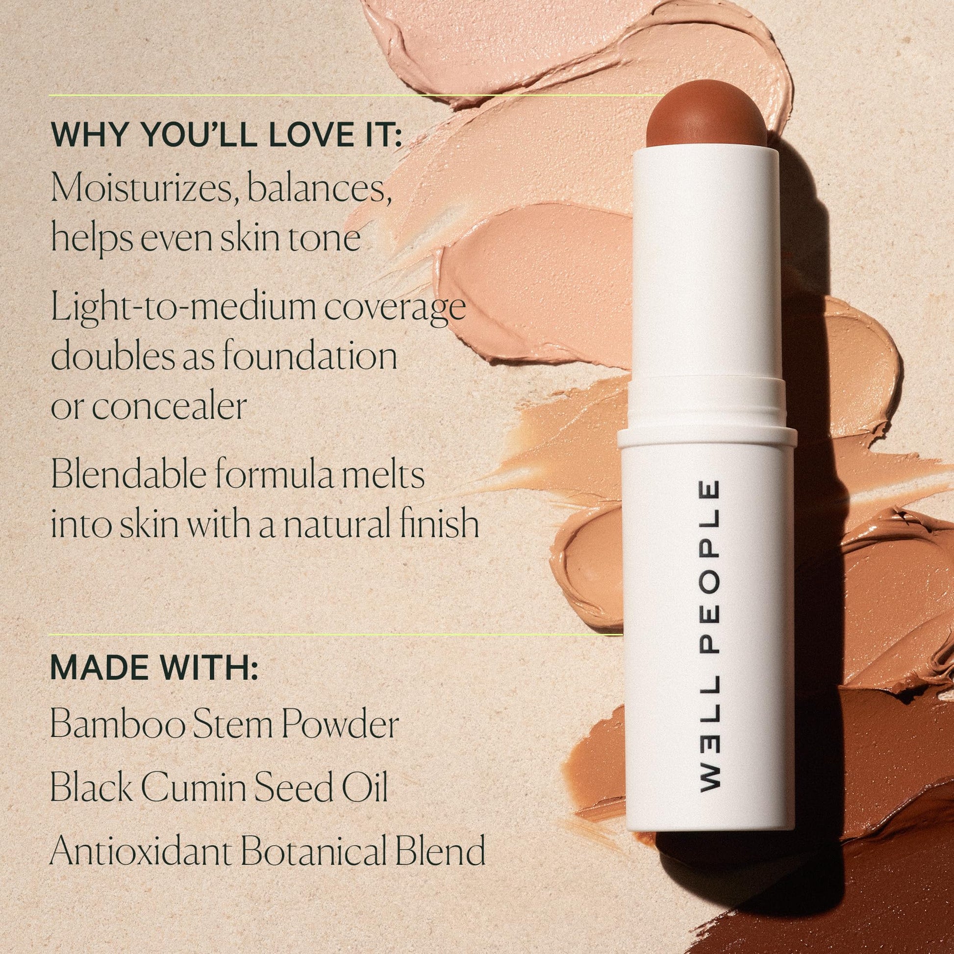 Before and after demonstration using the Well People multi-use complexion stick for buildable light-to-medium coverage