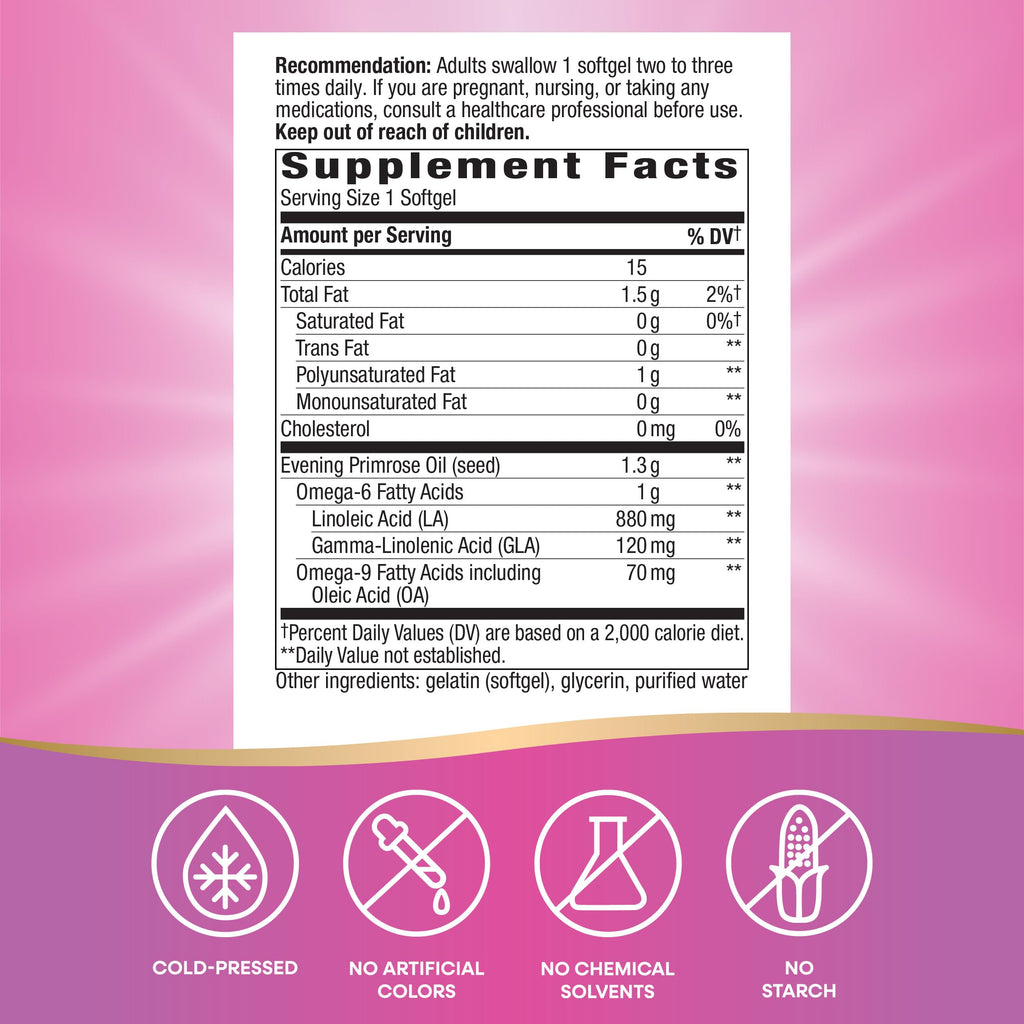 Nature's Way Evening Primrose Oil 120 softgels clear amber capsule size visual next to the bottle