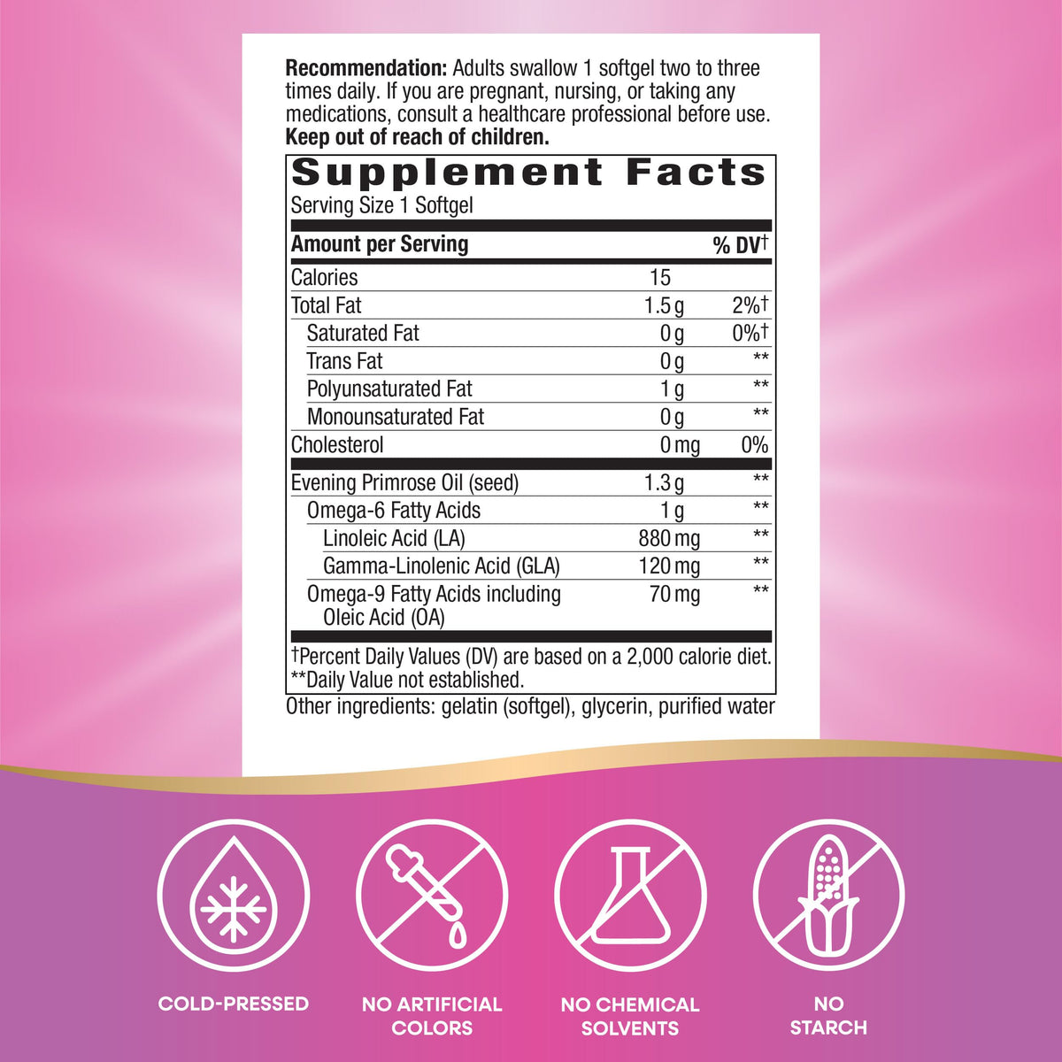 Nature's Way Evening Primrose Oil 120 softgels clear amber capsule size visual next to the bottle