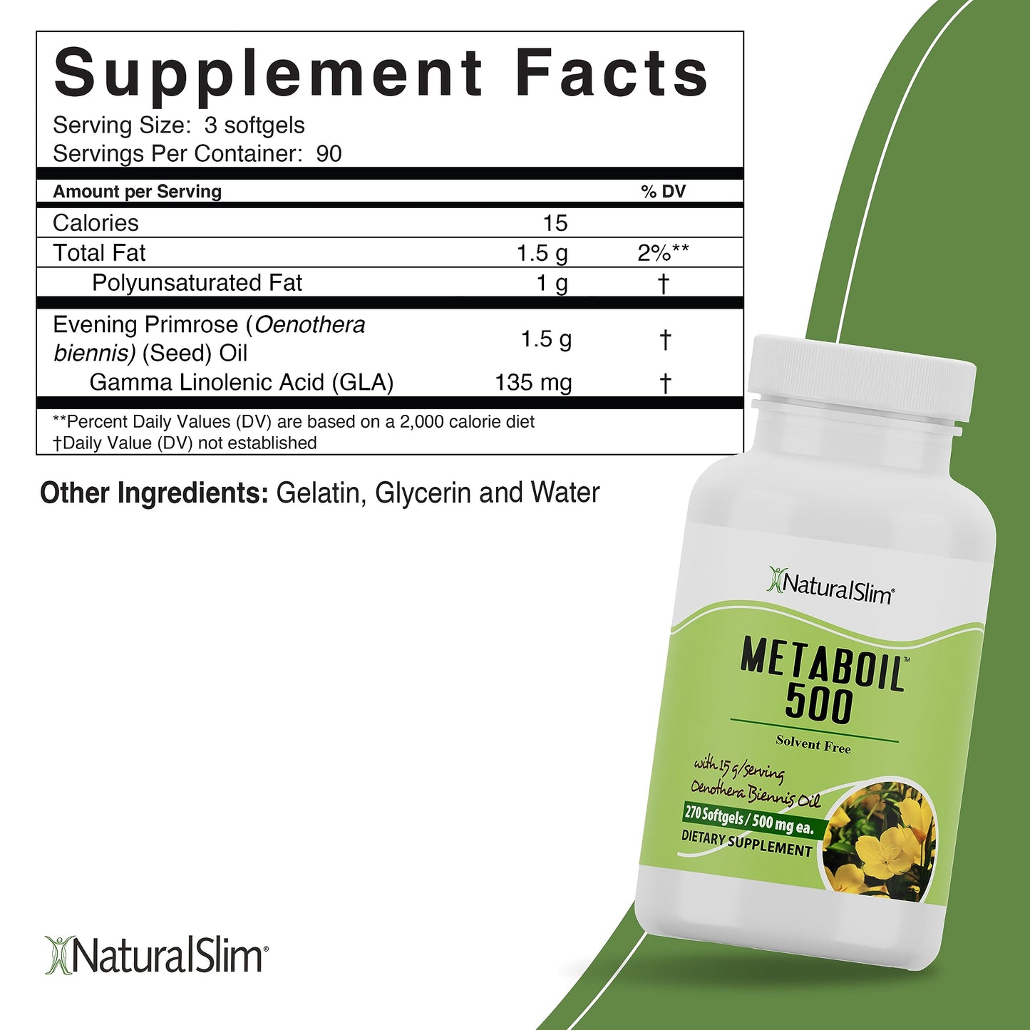 NaturalSlim Metaboil 500 supplement bottle showing metabolic and skin health benefits label